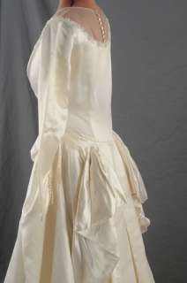 VINTAGE 40s Satin Beaded BUSTLE Couture Wedding Dress S  