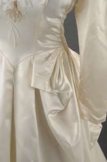 VINTAGE 40s Satin Beaded BUSTLE Couture Wedding Dress S  