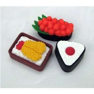  Sushi and Rice Japanese Erasers   3 Pc 