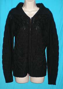 St. Johns Bay Womens Black Acrylic Cable Knit Zip up Sweater M B38 W 