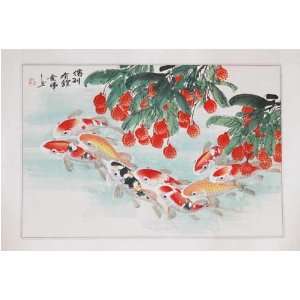 Chinese Brush Painting   Carp and lychees, watercolor on paper 