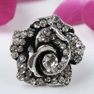 1P White Crystal Glass Rose Flower Adjustable Ring # 6  