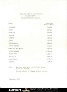 1980 1981 Bianchi Astrale Bicycle Price List  