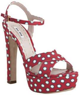 Miu Miu rosso polka dot denim platform ankle strap sandals   