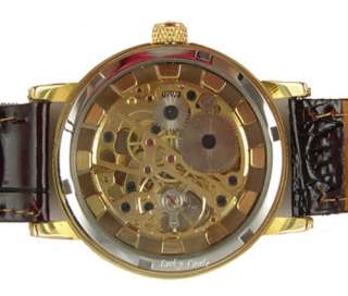 New Luxury Mens Gold Skeleton Leather Mechanical Wrist Watch  