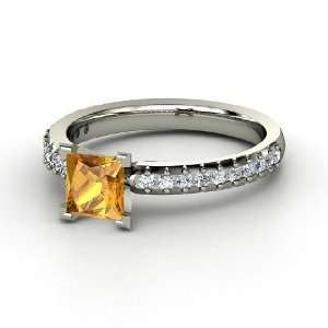   Ring, Princess Citrine 14K White Gold Ring with Diamond Jewelry