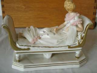 ANTIQUE, PORCELAIN FIGURINE, LADY ON FAINTING COUCH; DRESDEN ART MADE 