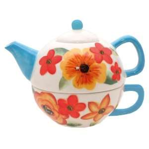   TEA FOR ONE CREAM BLUE RED ORANGE FLORAL TEAPOT & CUP 