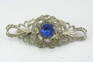   Costume Jewelry Silver Tone Floral Filigree Blue Rhinestone Brooch Pin