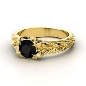    Rose and Thorn Ring, Round Black Onyx 14K Yellow Gold Ring Jewelry