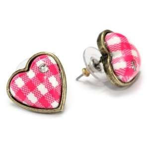 Betsey Johnson Lady Luck Pink Gingham Heart Stud Earrings