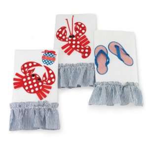 Seaside Powder Room Linen Hand Towels Crab Lobster Flip Flops Set of 3 