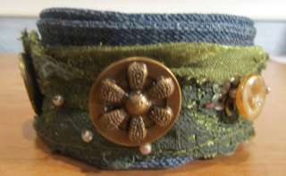 Button Bracelet Hand Crafted Fabric Cuff Denim & Lace  