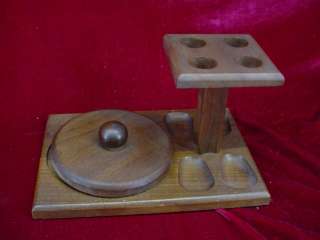 Vintage Walnut Wood 4 Tobacco PIPE STAND and HUMIDOR HOLDER Lid Aztec 
