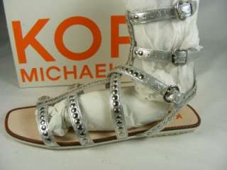 Michael Kors Yes Metallic Leather Gladiator Strap Sandal Shoes Silver 