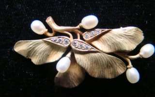 14K Gold Fine Art nouveau style leaf pin with diamonds  