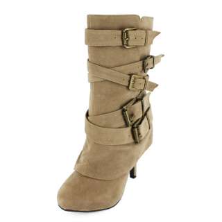 Taupe Mid Calf Boot with Multi Buckle Straps brown beige women 