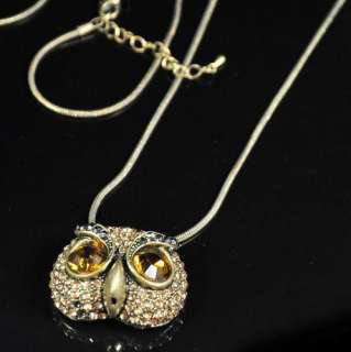 Vintage Chain Rhinestone Owl Pendant Long Necklace  