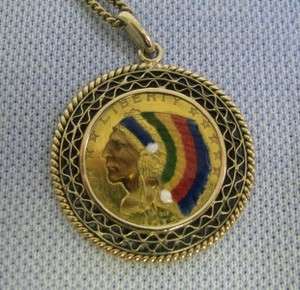 Indian Chief Enameled American five dollar gold coin & pendant on 