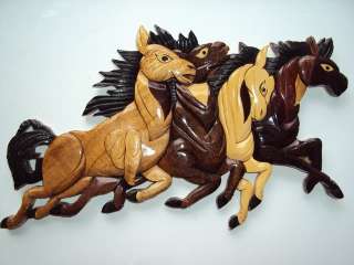 Hand Carved Wood Art Intarsia 4 Running Horses Wood sign Wall Plaque 