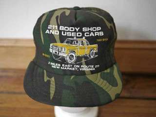 Vintage 80s CAMO Route 211 Body Shop VIRGINIA Trucker Hat Cap One Size 