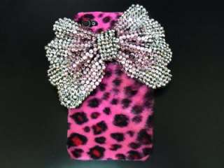 Bling Crystal Velvet Leopard Pink Ribbon Bow Case Cover for iphone 4 