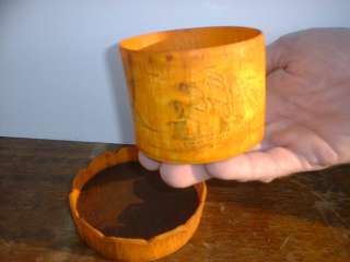   Scrimshaw tobacco ship Cup / Snuff box folk art Steer horn carving