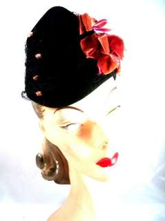 Vintage Ladies Black Hat Military Style w/ Pink Velvet Bows 1940s 