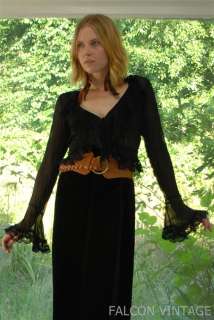 Vtg 80s Black Sheer Lace Ruffle Cropped Goth Gypsy Bell Sleeve Top 