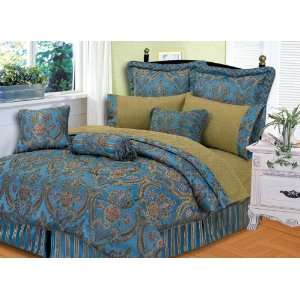  7PC QUEEN CHATEAU WOVEN DAMSK BLUE BEDDING COMFORTER