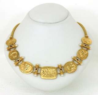 EXQUISITE 14K GOLD, RUBIES & PEARLS CAMEO NECKLACE  