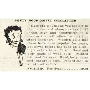  1934 Print Ad BETTY BOOP Movie Character Wooden Doll 