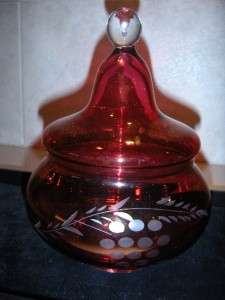 LARGE VINTAGE CRANBERRY RED GLASS COVERED CANDY DISH  