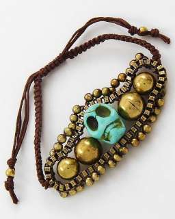   Goldtone 3D Turquoise Skull Day of the Dead Brown Cord Bracelet  