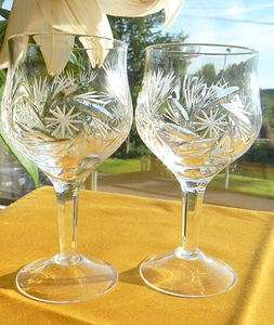 BOHEMIAN CRYSTAL 2 PINWHEEL CUT FACET STEM WINE GLASSES  