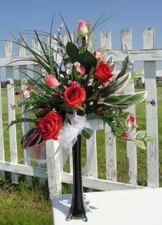 Tall Black Bud Vase Silk Flowers Roses Silk Greens Bridal & Baby 
