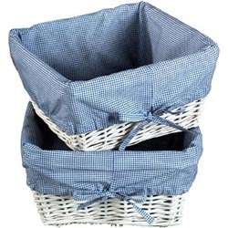White Wicker Basket Set with Navy Gingham Liners  