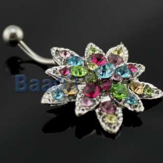 Flower Crystal Rhinestone Belly Navel Button Bar Ring Piercing  