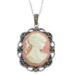 Sterling Silver Marcasite Pink Cameo Necklace  