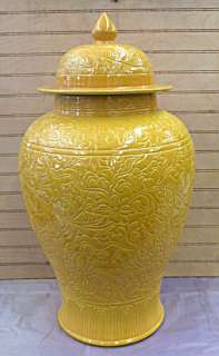   Yellow Carved Floral Design Chinese Porcelain Jar Vase 20h  