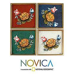 Set of 4 Painted Glass Roses Coasters (Peru)  