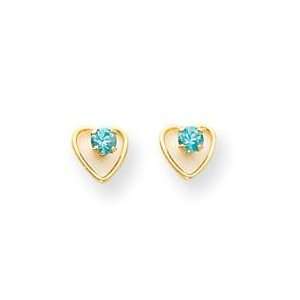 Blue Zircon Birthstone Heart Earrings in 14k Yellow Gold