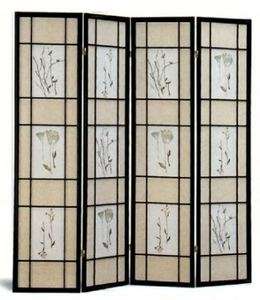 Four Panel Black Wood Frame Screen with Floral Print 4407  