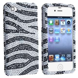 Black Zebra Bling Diamond Case Skin Cover+Screen Shield For iPhone 4 s 