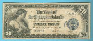 1928 TWENTY PESOS BANK OF THE PHILIPPINES ISLANDS D9280D P 18, SHIPS 
