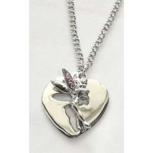 Tinkerbell Fairy Cut Out Heart Charm Necklace with Pink Crystal Wings