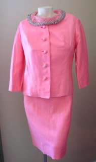 vtg beaded collar pink shift wiggle dress with matching jacket 50’s 