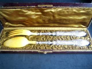 Antique French Sterling Salad Set Dolphin Mascarons 2/PS  