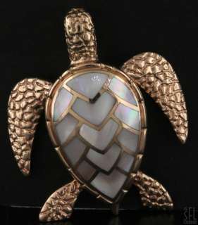 HEAVY 14K ROSE GOLD MOTHER OF PEARL SEA TURTLE PENDANT W/ MOVING 