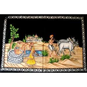 Indian Traditional Village Farmers Scene Sequin Batik Cotton Wall 